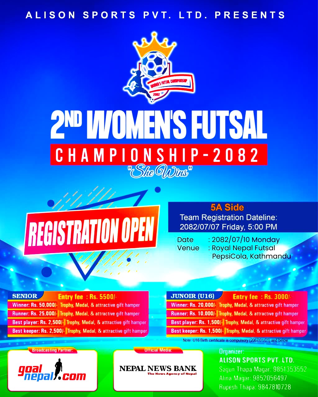 दोस्रो महिला फुटसल च्याम्पियनसिप कार्तिक १० गते हुँदै, ३२ टिमले सहभागिता जनाउने -वाइरिबल saafff by Ditible